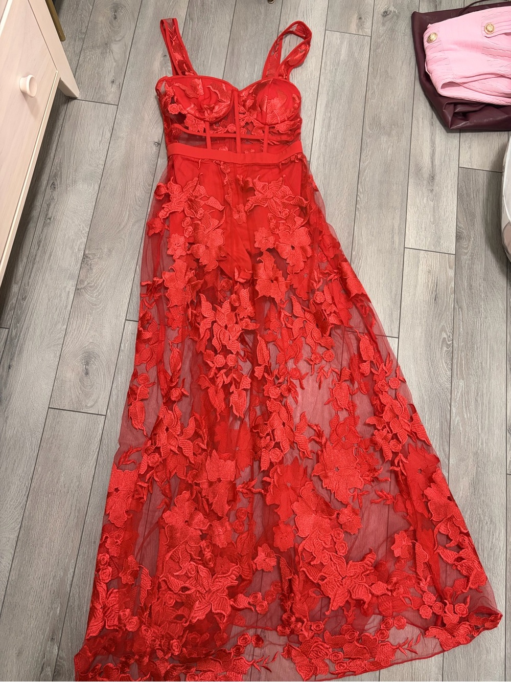 Red Floral Appliqué Sheer Maxi Dress - Women